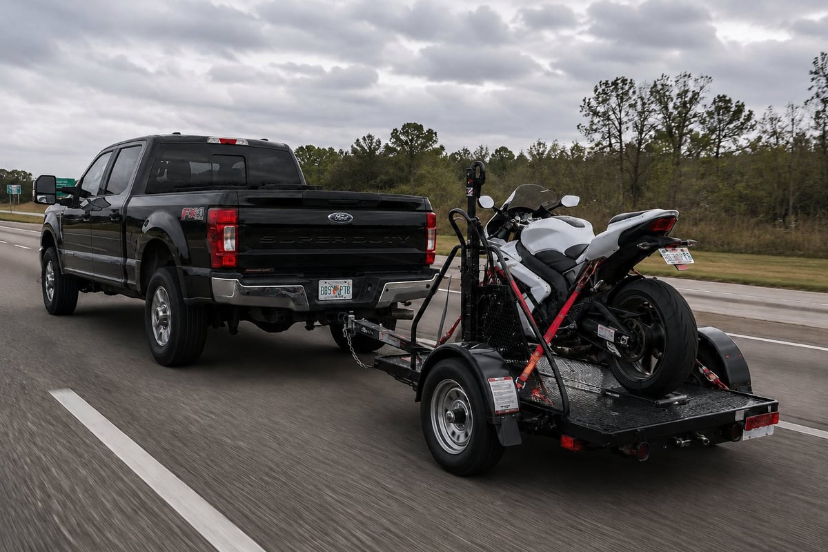 Black Ford pickup truck towing a motorcycle trailer with a red and white sport bike on a highway