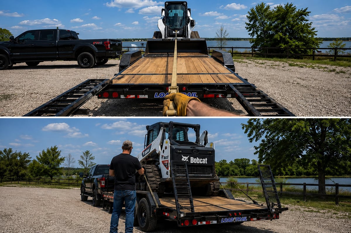 Bobcat skid steer loader on a flatbed trailer at a lakeside outdoor location, shown from two angles