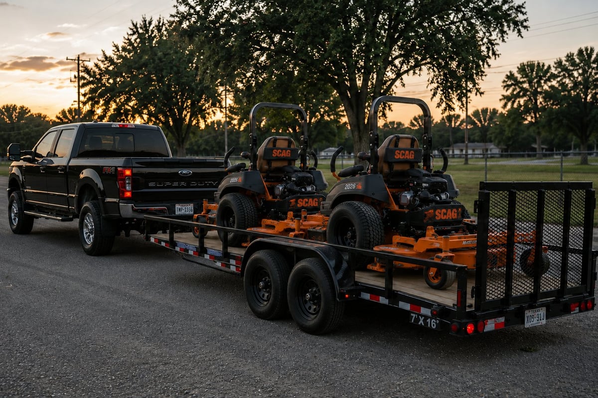 Black pickup truck towing a trailer with orange zero-turn mowers in a park at sunset