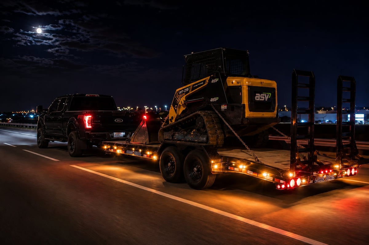 Flatbed tow truck carrying a yellow skid steer loader at night with illuminated amber warning lights